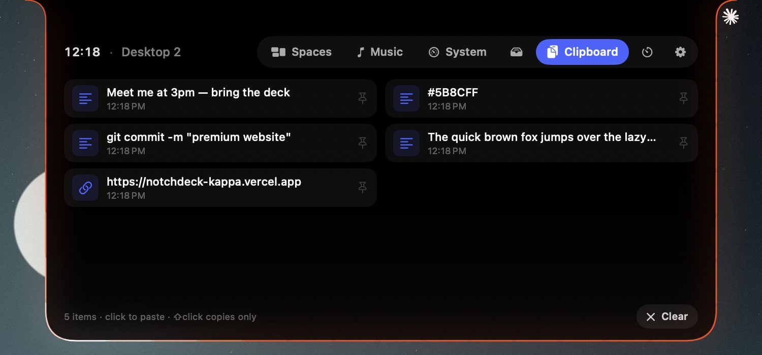 The Clipboard page with a grid of recently copied items