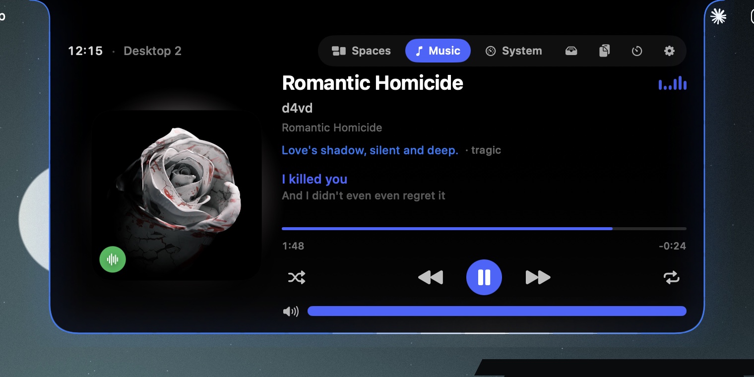 The Music page with album art, controls, live lyrics and a mood caption