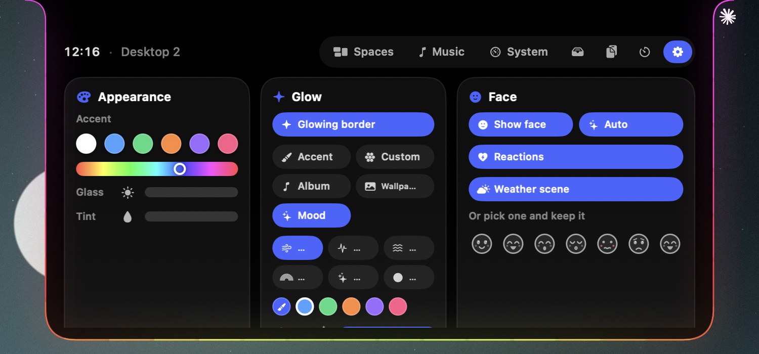 Settings showing the glow modes, dynamics and face options