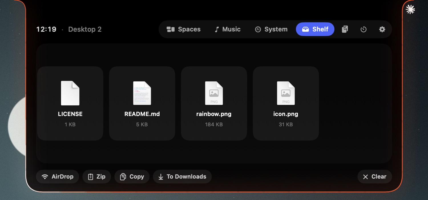 The Shelf page holding several files with AirDrop, Zip, Copy and Downloads actions