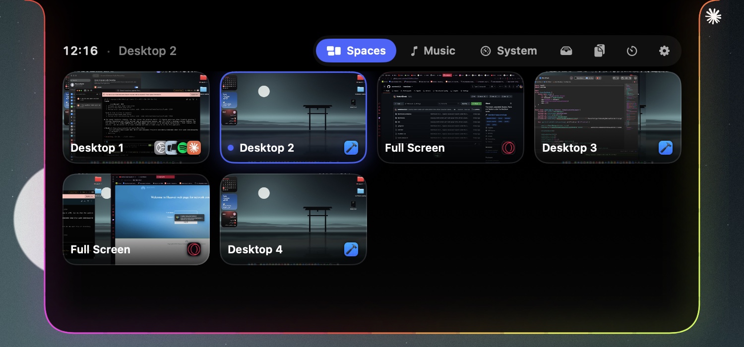 The Spaces page: a grid of live desktop previews, the active one outlined