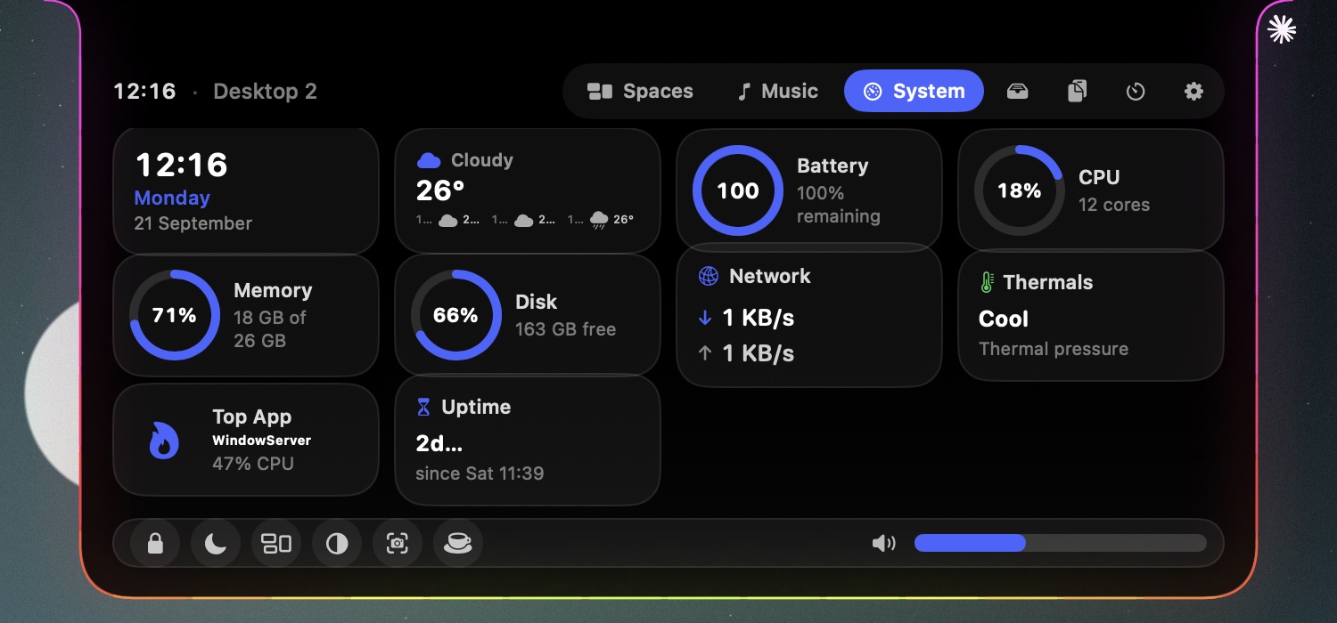 The System page with widget tiles, weather, and an actions dock
