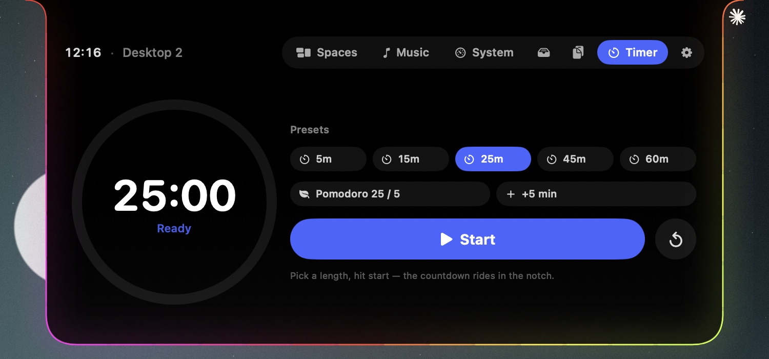The Timer page with a large countdown ring and presets